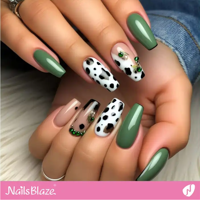 Green Nails with Dalmatian Print Design | Animal Print Nails - NB1990